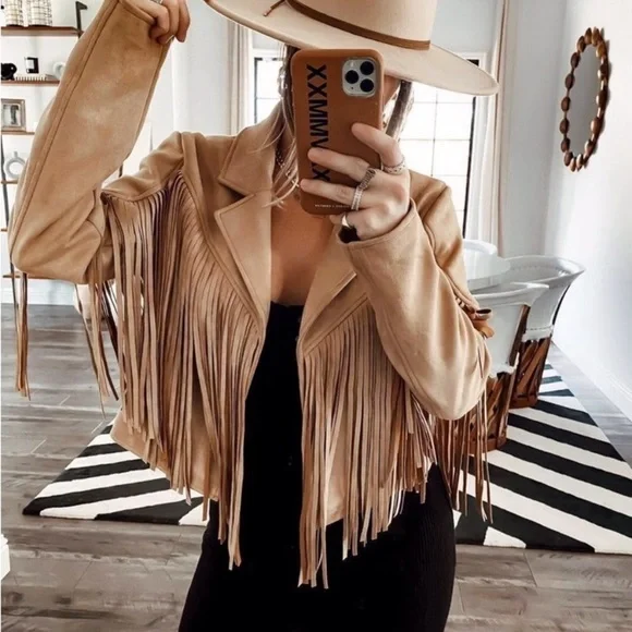 Faux suede women jacket zip blazer coat boho festioval fringe tops - Picture 6 of 6